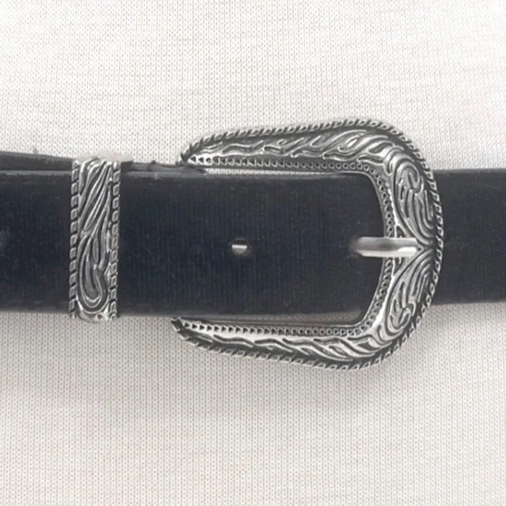 Womens Black Velvet Western Belt Silver Buckle Goth Glam Western Cowgirl 32-36